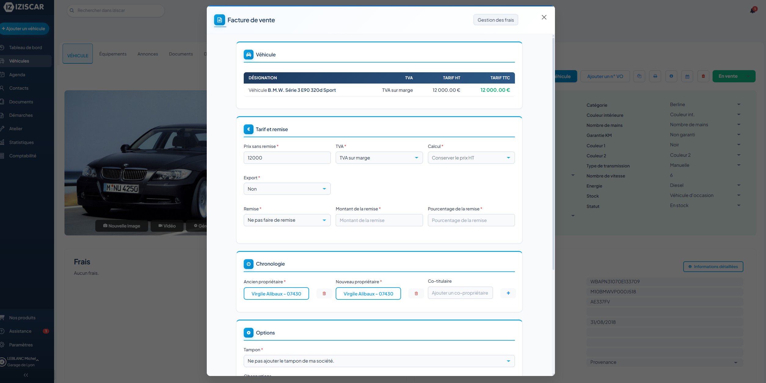 Facturation automatique dans le logiciel VO IZISCAR : facture de vente avec TVA sur marge et chronologie