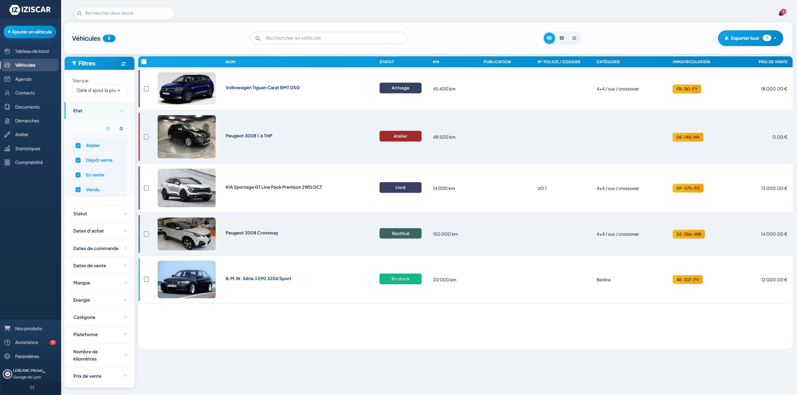 Logiciel VO IZISCAR - gestion de stock véhicules d'occasion avec filtres et statuts