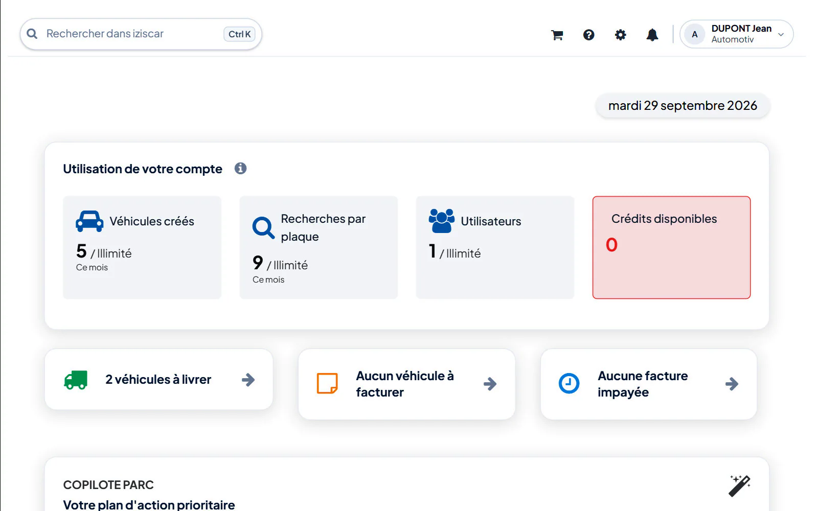Écran du logiciel : Tableau de bord