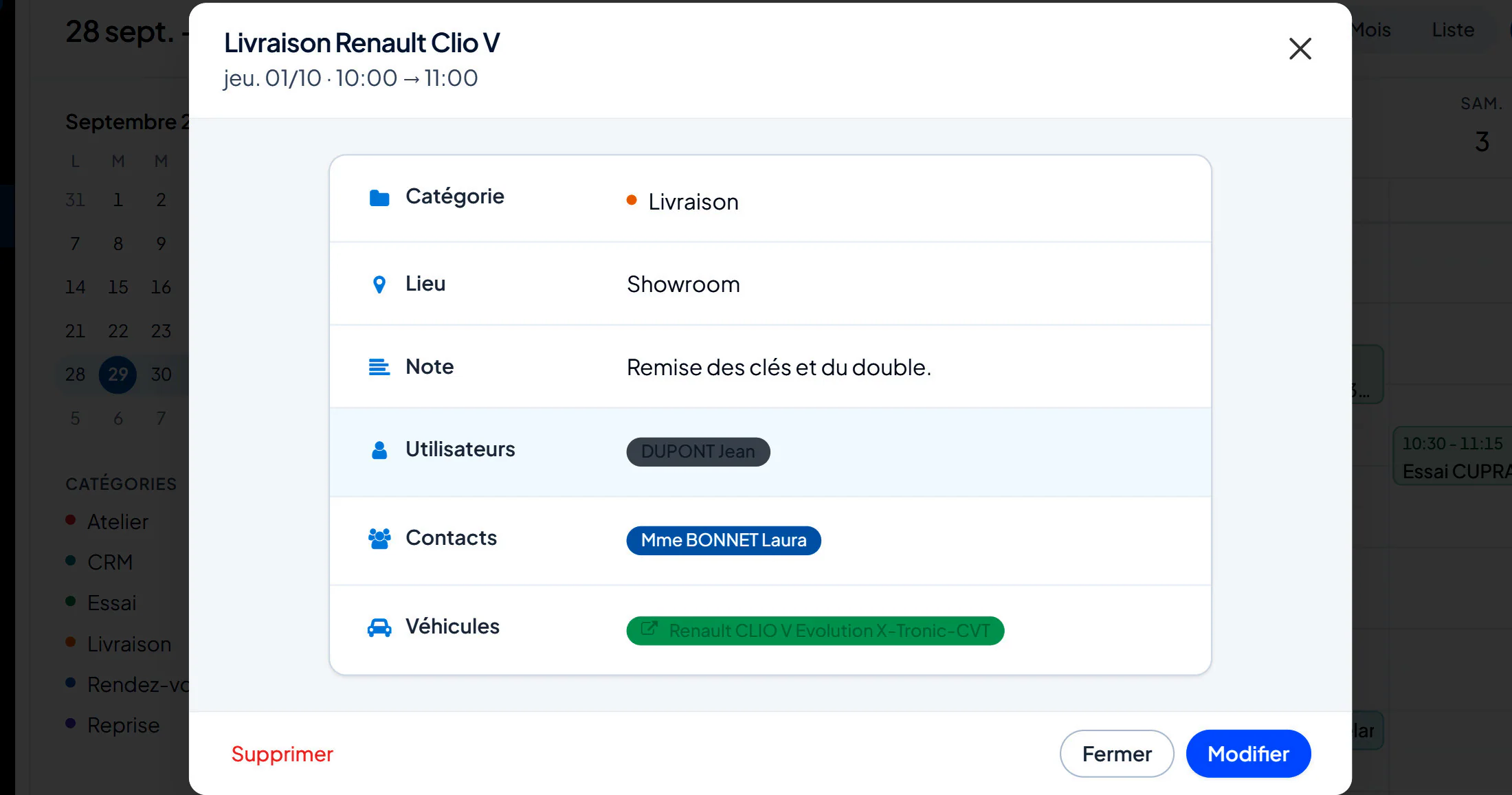 Le détail d’un rendez-vous : lieu, note, client, véhicule