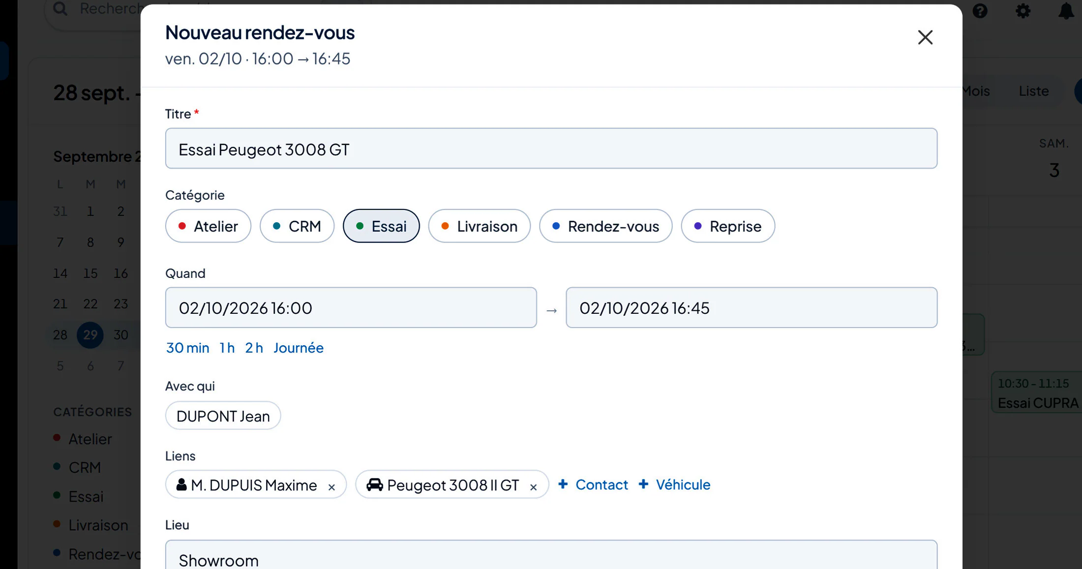 Nouveau rendez-vous : catégorie, horaires, client et véhicule