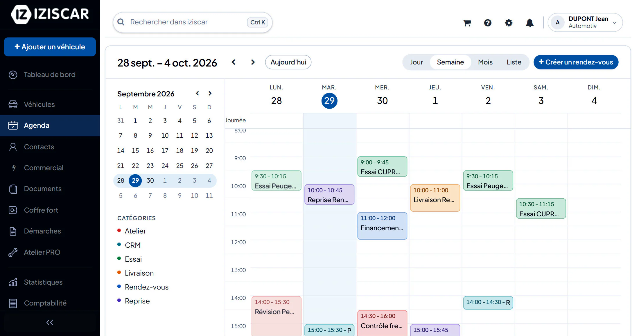 Agenda › vue Semaine : essais, livraisons, reprises et atelier