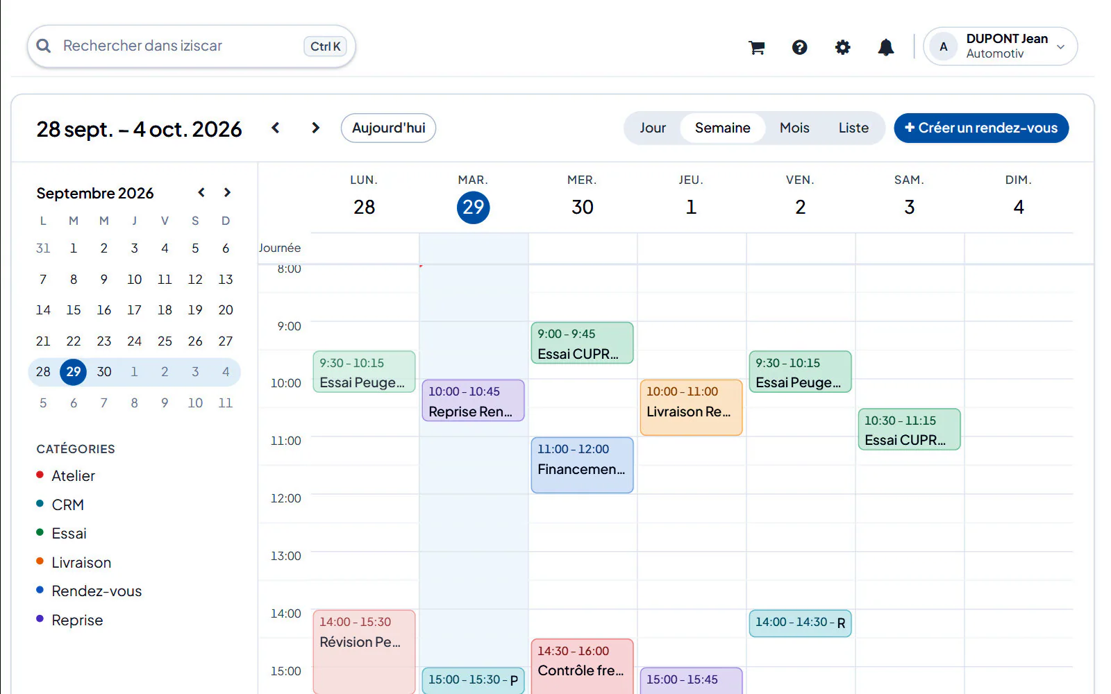Écran du logiciel : Agenda