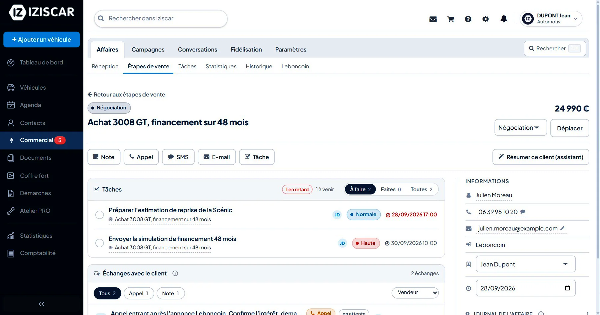 Une affaire : tâches, échanges et informations client
