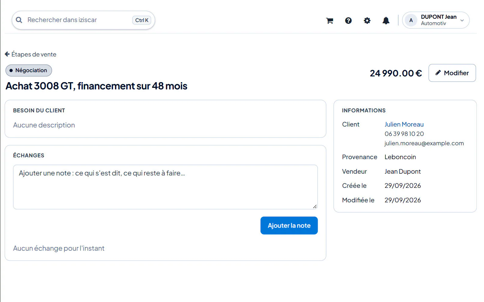 Écran du logiciel : Suivre une opportunité : étapes de vente, tâches et relances