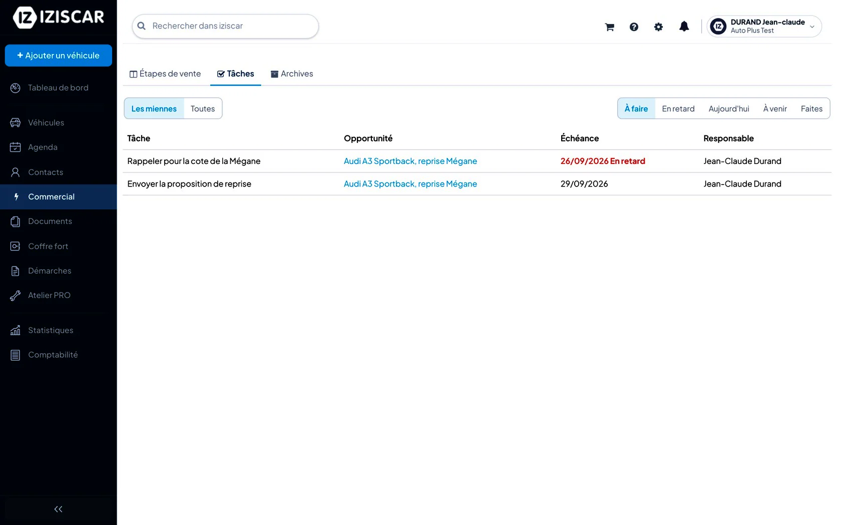 Écran du logiciel : Suivre une opportunité : étapes de vente, tâches et relances
