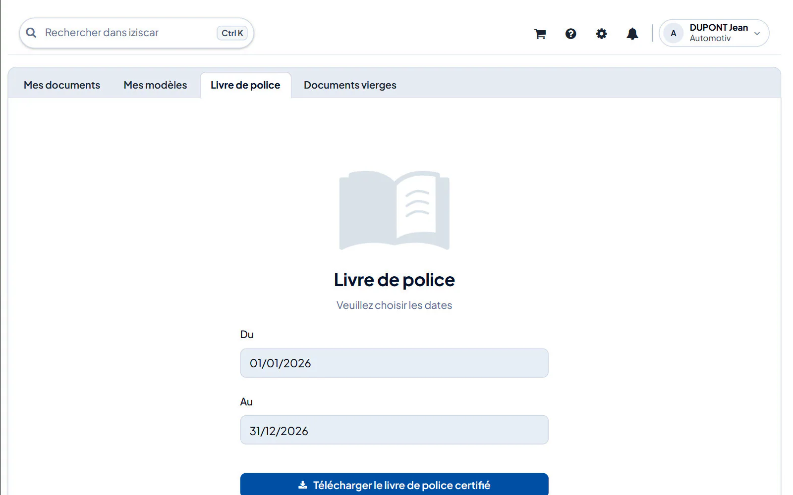Écran du logiciel : Véhicules › fiche du véhicule › onglet « Livre de police »