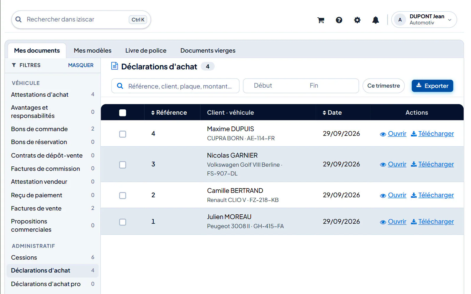 Écran du logiciel : Véhicules › fiche du véhicule › onglet « Documents »