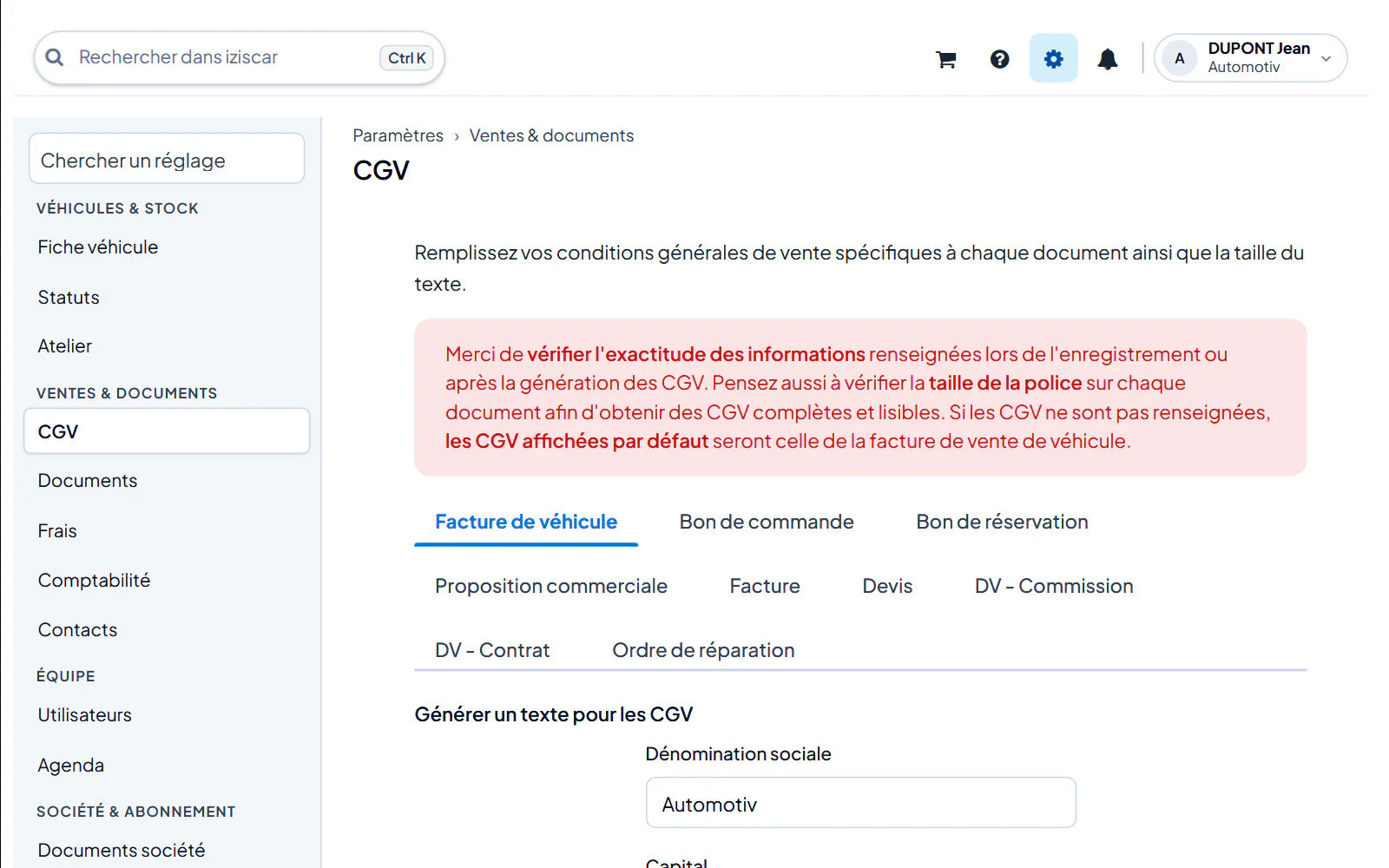 Écran du logiciel : Paramètres (roue dentée, en haut à droite)