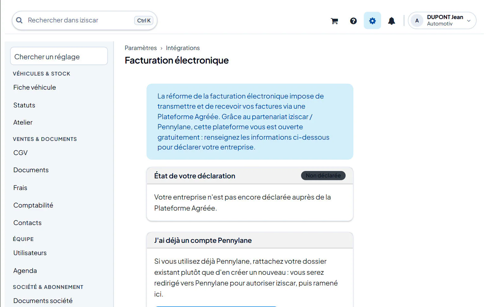 Écran du logiciel : Paramètres (roue dentée, en haut à droite)