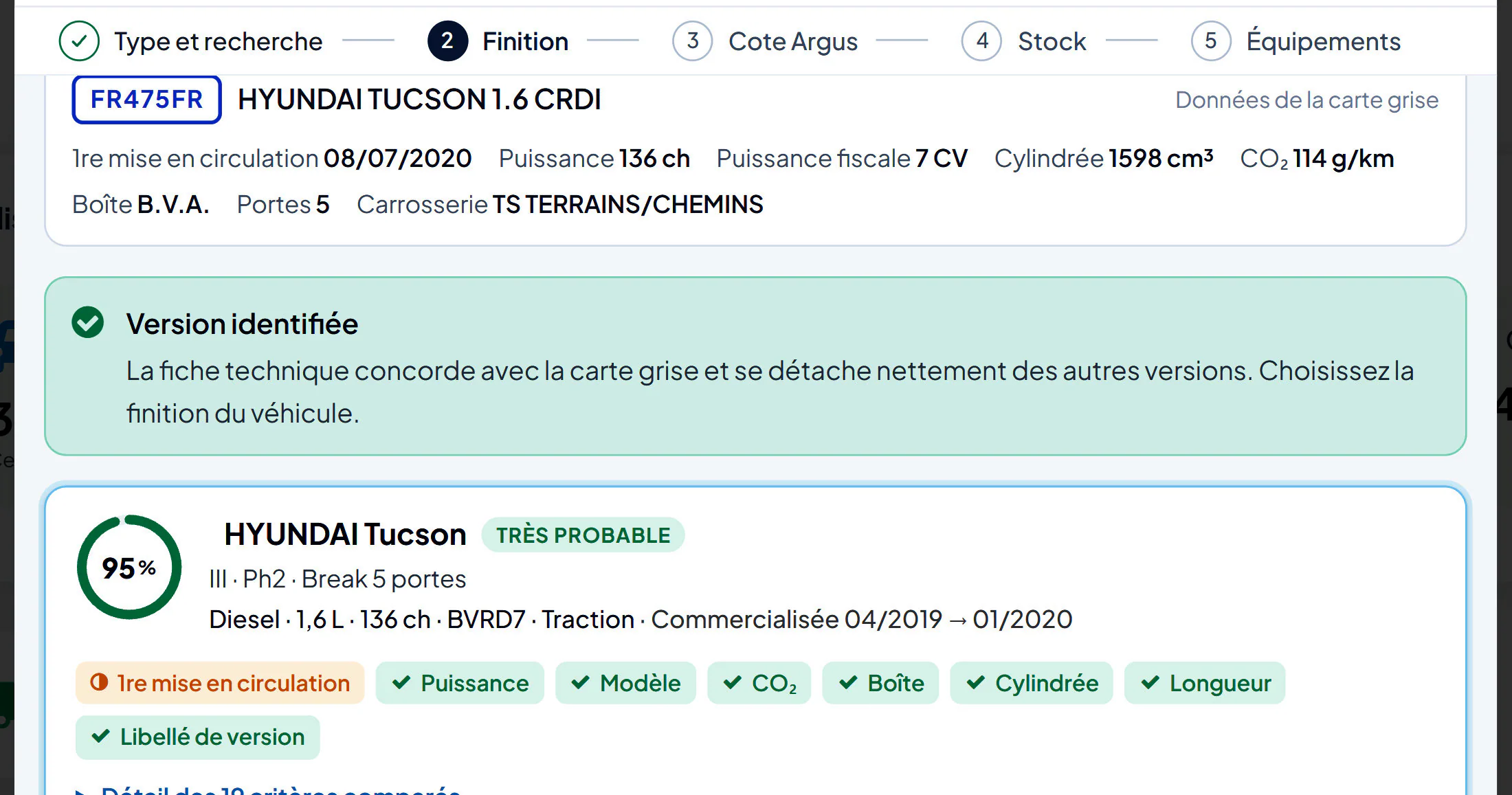 Version identifiée : la carte grise comparée au catalogue Argus