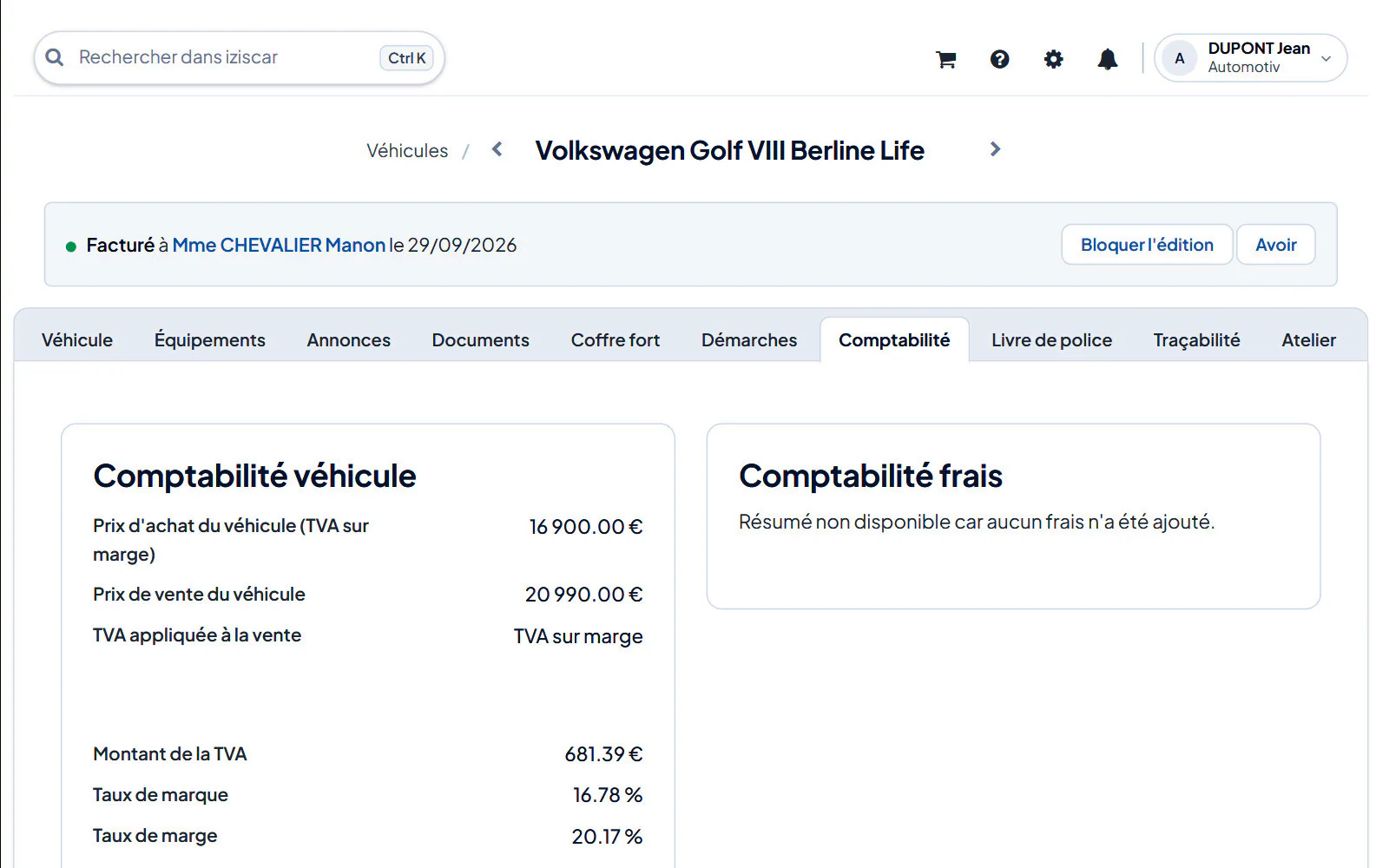 Écran du logiciel : Véhicules › fiche du véhicule › onglet « Comptabilité »