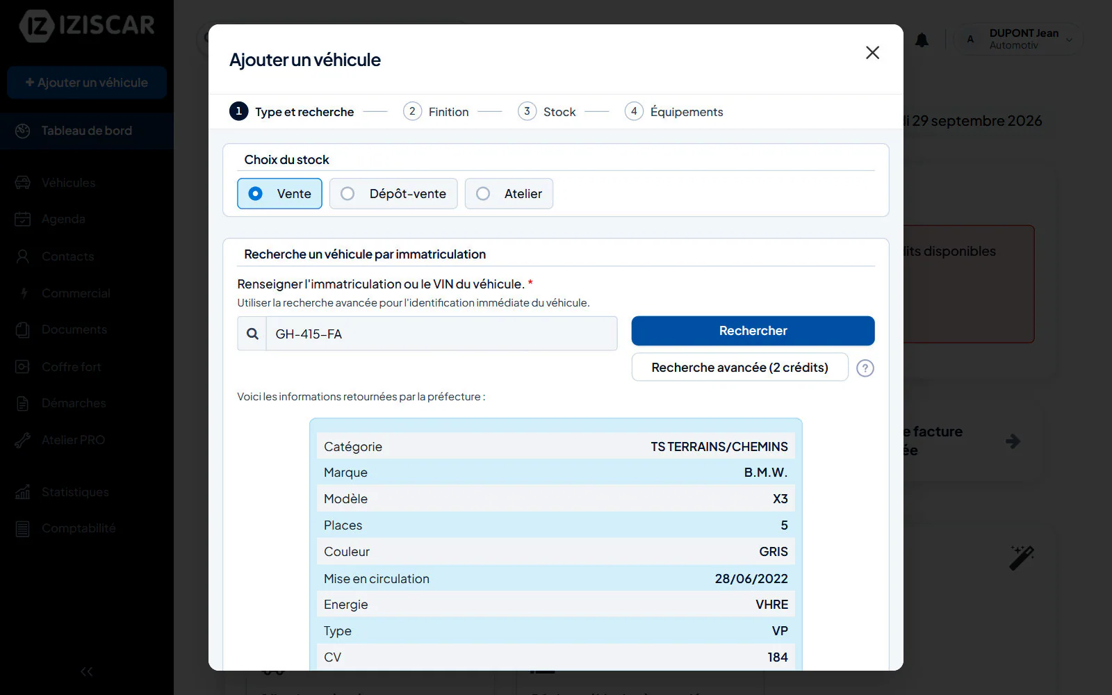 Écran du logiciel : Bouton « Ajouter un véhicule », en haut à gauche