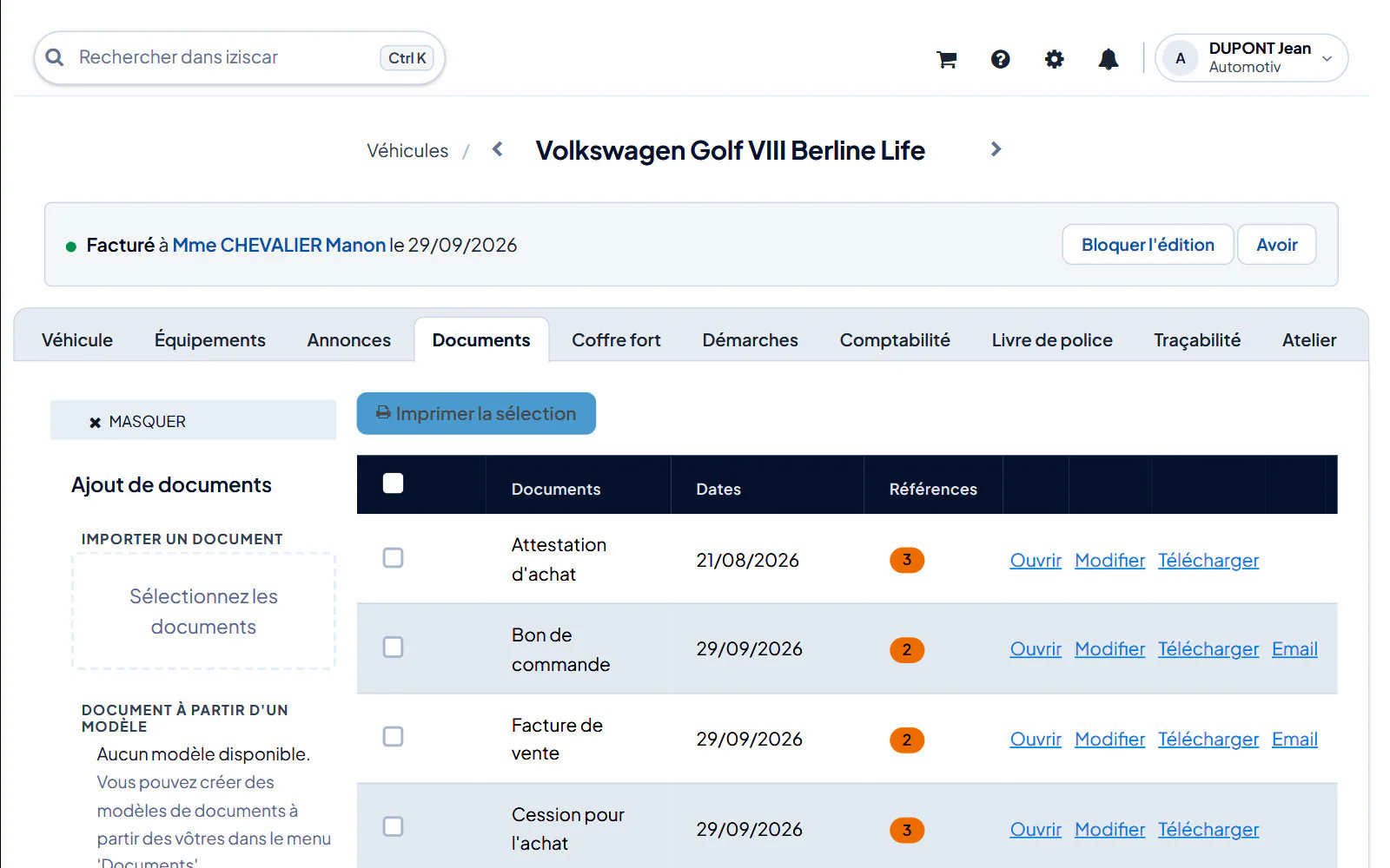 Écran du logiciel : Véhicules › fiche du véhicule