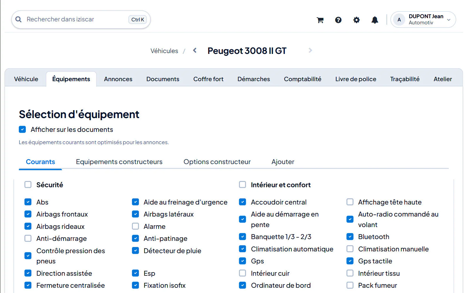 Écran du logiciel : Véhicules › fiche du véhicule