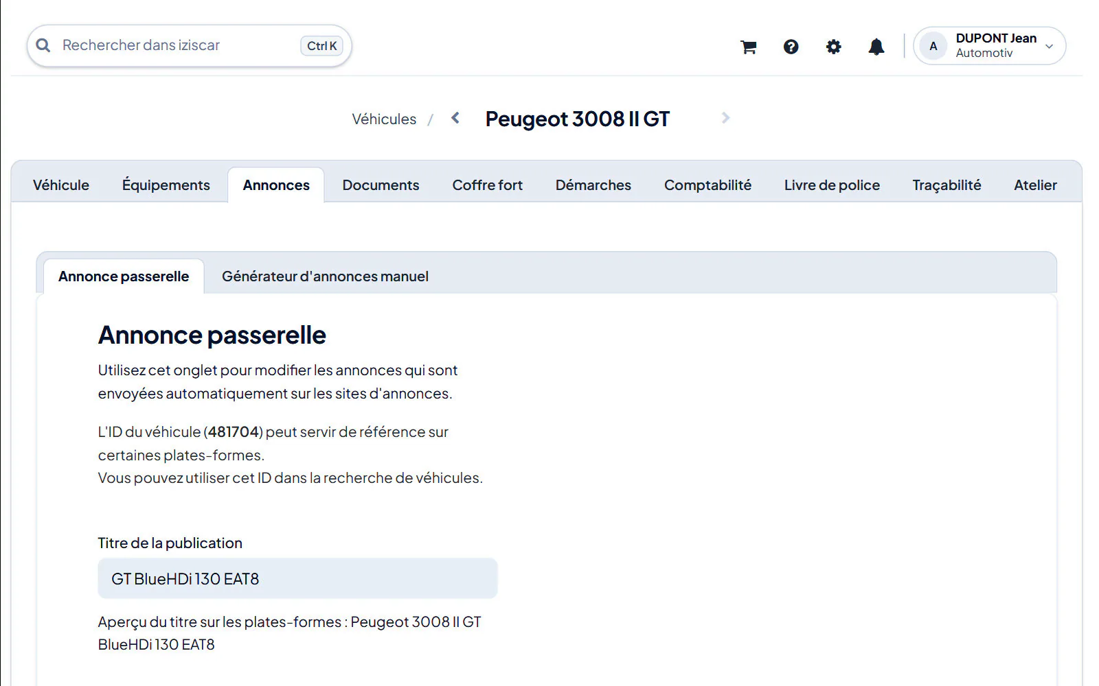 Écran du logiciel : Véhicules › fiche du véhicule › onglet « Annonces »