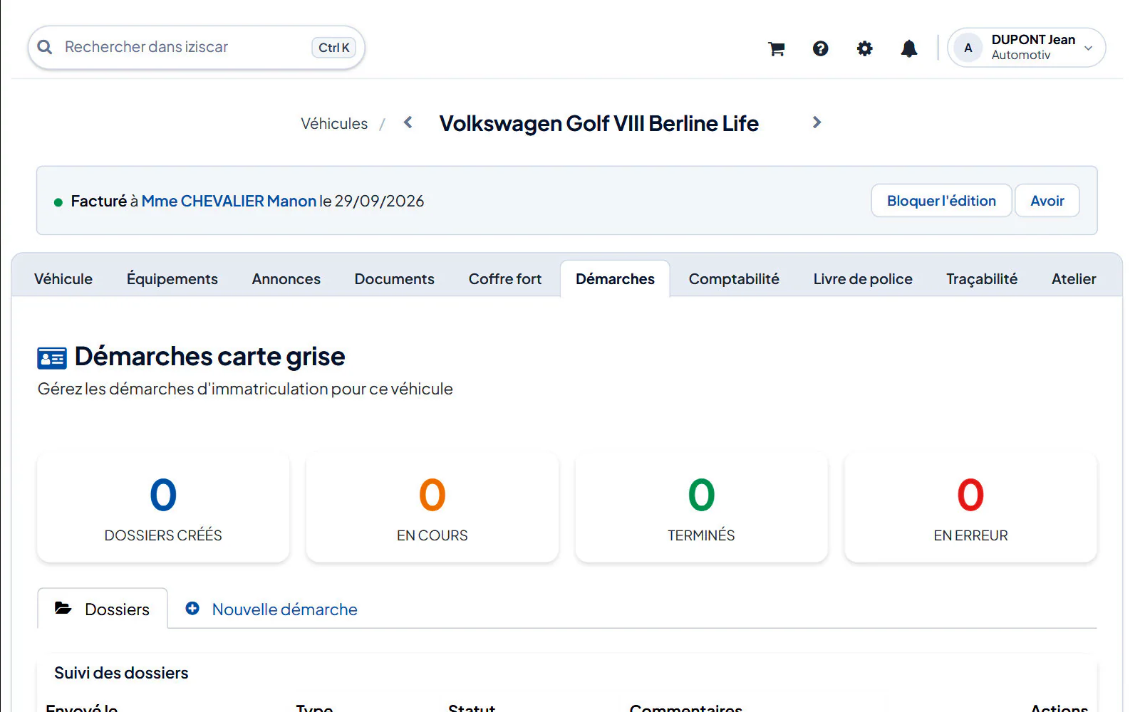 Écran du logiciel : Véhicules › fiche du véhicule › onglet « Démarches »