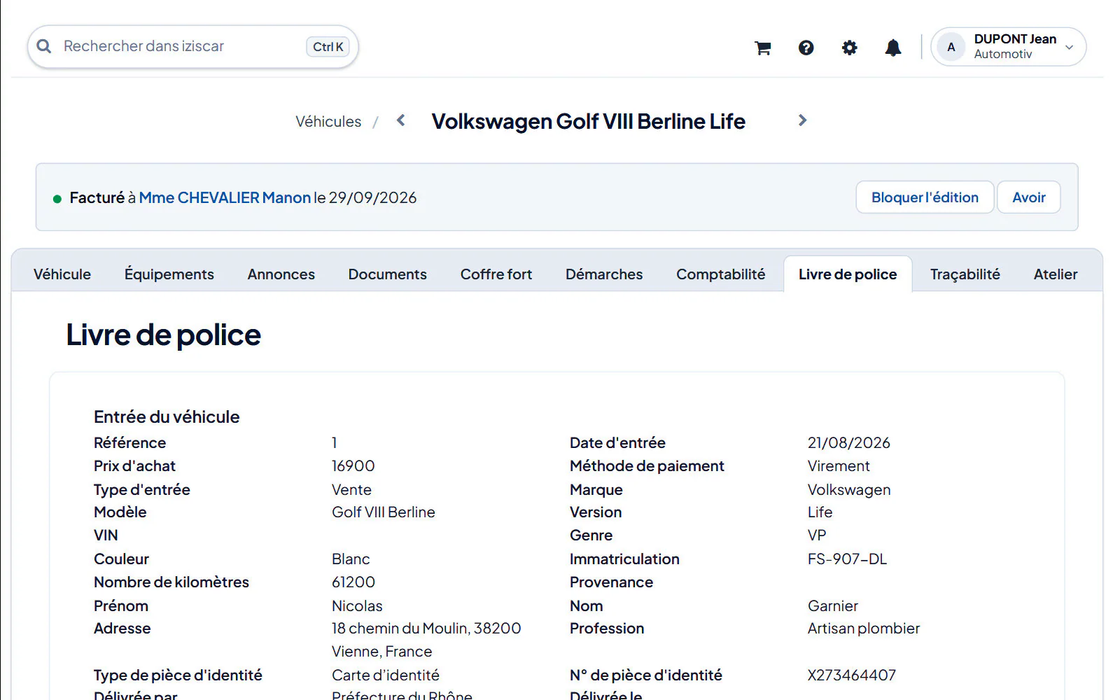 Écran du logiciel : Véhicules › fiche du véhicule › onglet « Livre de police »