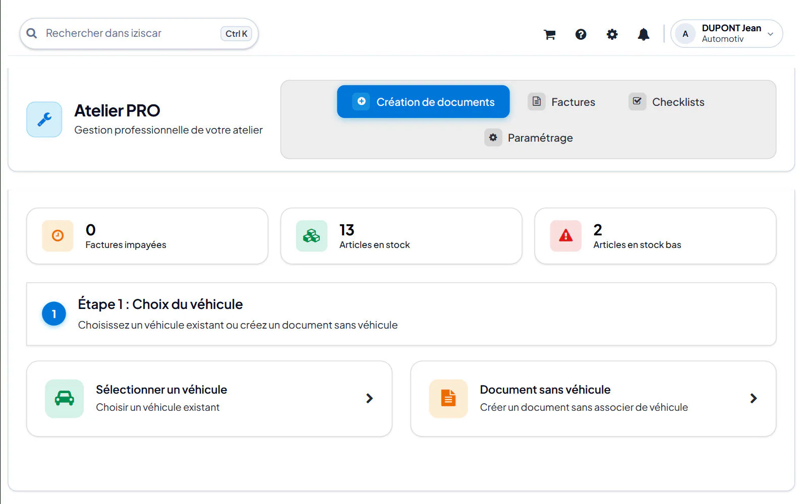 Écran du logiciel : Atelier PRO